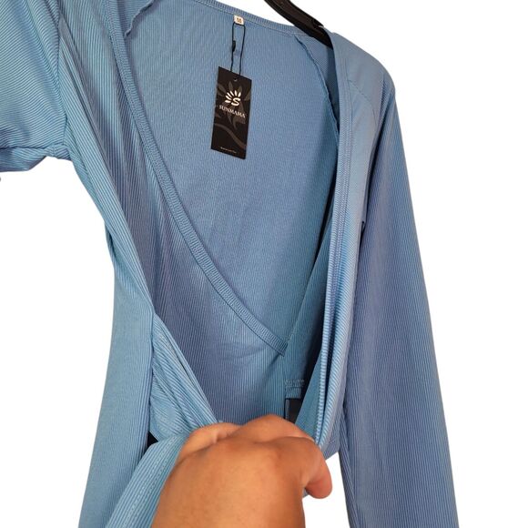 Sunmama Women Casual Dress V Neck Long Sleeve Pencil Midi Dress Blue Medium - Picture 4 of 9